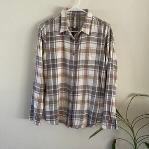 KUHL Kamila Flannel Shirt Women’s Small Tan White Plaid Button Up Casual Read